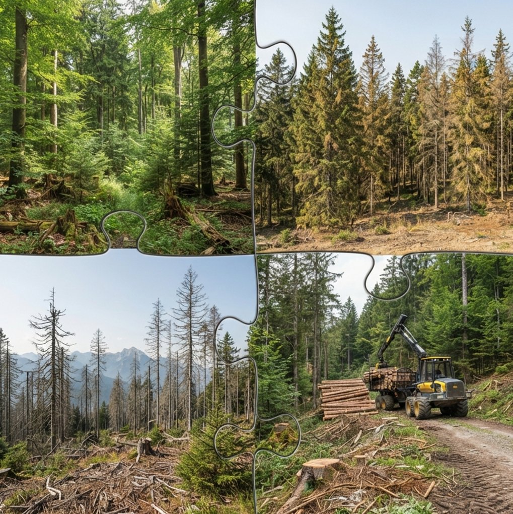 Dieses Bild zeigt ein Puzzle aus vier Teilen. Jedes Teil enthält folgende Elemente: Einen Holzstapel neben einem Nadelbaum, einen Traktor oder LKW auf einer unbefestigten Waldstraße, sowie einen Hintergrund mit weiteren Bäumen und Unterholz. Die Szene wirkt herbstlich mit grüner und brauner Farbgebung.

