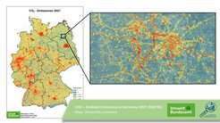 Eine Karte von Deutschland mit gerasterten Kohlendioxid (CO2)-Emissionen in Deutschland ab dem Jahr 2021