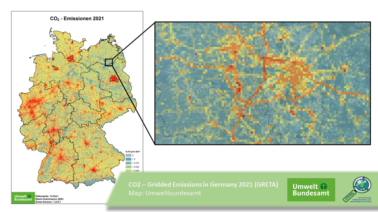 Eine Karte von Deutschland mit gerasterten Kohlendioxid (CO2)-Emissionen in Deutschland ab dem Jahr 2021
