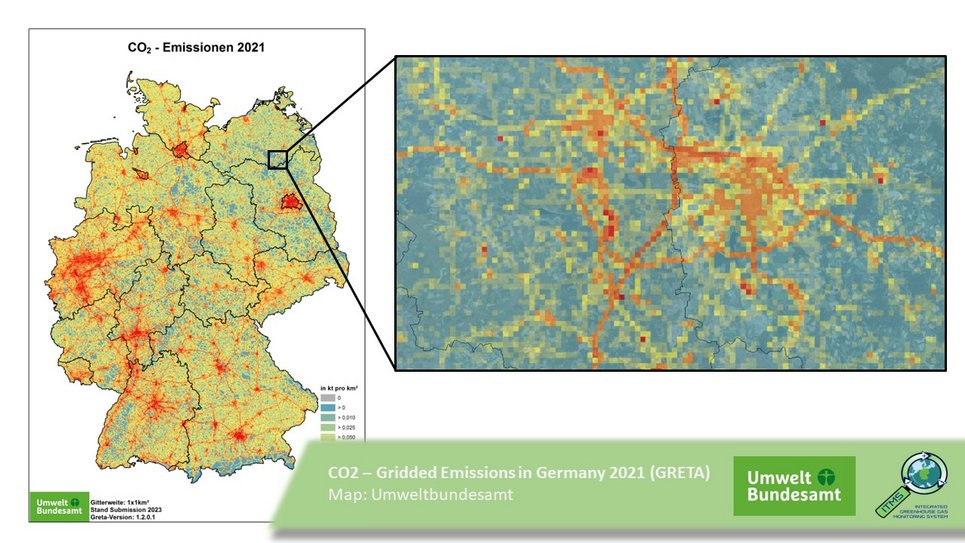 A map of Germany with Gridded Carbondioxide (CO2) Emission in Germany from the year 2021