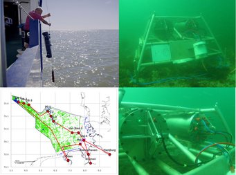 Eindrücke von aquatischen Treibhausgasmessungen.Oben links ist die Beprobung von Wasser von einer Seite der Littorina zu sehen. Unten links ist eine Karte der Deutschen Bucht mit den Messstationen des CARMAFLUX-Projekts. Das Bild oben rechts zeigt das Helgoländer Unterwasser Observatorium. Unten rechts ist ein Detailbild der Unterwassersensoren zu sehen. Eindrücke von aquatischen Treibhausgasmessungen. Oben links ist die Beprobung von Wasser von einer Seite der Littorina zu sehen. Unten links ist eine Karte der Deutschen Bucht mit den Messstationen des CARMAFLUX-Projekts. Das Bild oben rechts zeigt das Helgoländer Unterwasser Observatorium. Unten rechts ist ein Detailbild der Unterwassersensoren zu sehen.