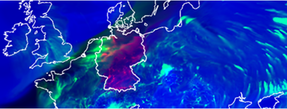 ICON-ART Modellierung von CH4 : mit konfigurierbaren Tracern, hier zur Veranschaulichung 3 Tracer: frische deutsche Emissionen (rot), frische europäische Emissionen (grün) und Hintergrund (blau) je nach Region und/oder Alter der Emission, „frisch“ bezieht sich auf weniger als 24 Stunden.