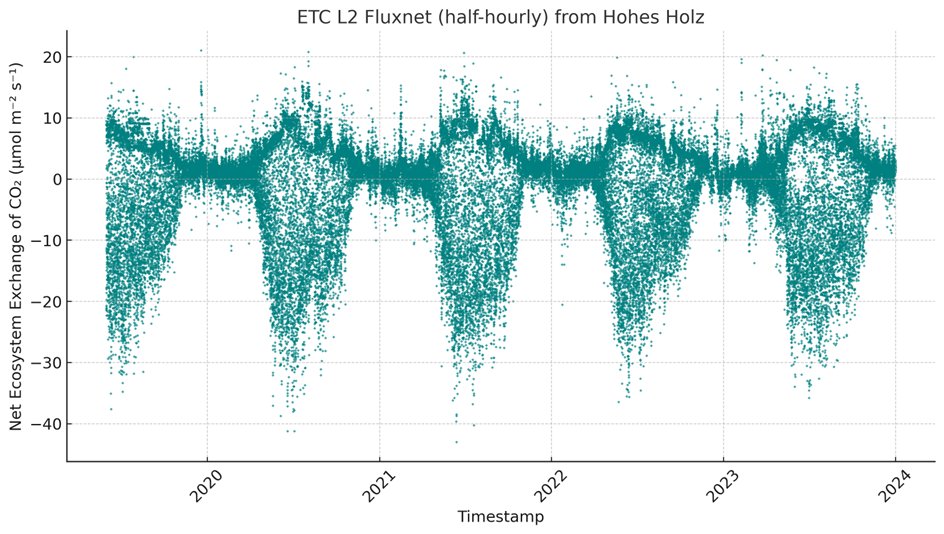 Example of a half-hourly flux time series of a forest site in Germany over the past five years. Data is available for download and visualization at https://data.icos-cp.eu/portal/