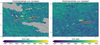 Two exceptional methane emission events over Germany: Right: CH4 from a blowout event (sporadic) at compressor station Waidhaus of the Central European Gas Pipeline. Left: CH4 from maintenance work at Rheinland refinery (sporadic event). Two exceptional methane emission events over Germany: Right: CH4 from a blowout event (sporadic) at compressor station Waidhaus of the Central European Gas Pipeline. Left: CH4 from maintenance work at Rheinland refinery (sporadic event).