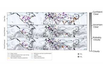 Simulated coverage of point source emission targets for March 18-22, 2022, under three different scenarios based on the orbit and observation mode of TANGO. The top panel shows all targets that could be measured in the absence of clouds, the middle panel shows those targets filtered for clouds, and the bottom panel shows the observable targets given a simple (persistence-based) cloud forecast, based on satellite cloud data from the preceding day. Simulated coverage of point source emission targets for March 18-22, 2022, under three different scenarios based on the orbit and observation mode of TANGO. The top panel shows all targets that could be measured in the absence of clouds, the middle panel shows those targets filtered for clouds, and the bottom panel shows the observable targets given a simple (persistence-based) cloud forecast, based on satellite cloud data from the preceding day.
