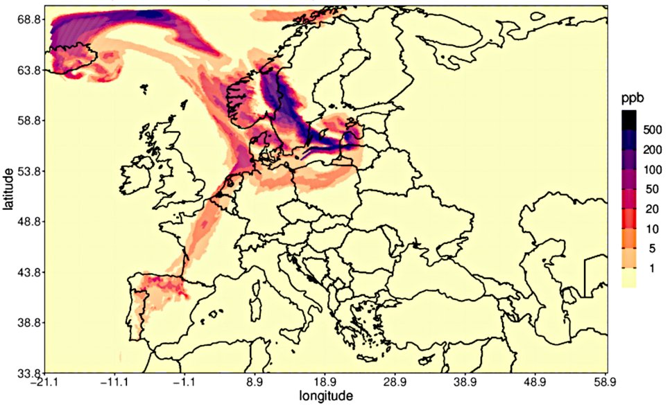Methane plume from the Nord Stream pipeline leaks, 5 days modelled with ICON-ART. The ICON fields from the operational weather forecast of the German Weather Service were used and the deterministic run is shown here.