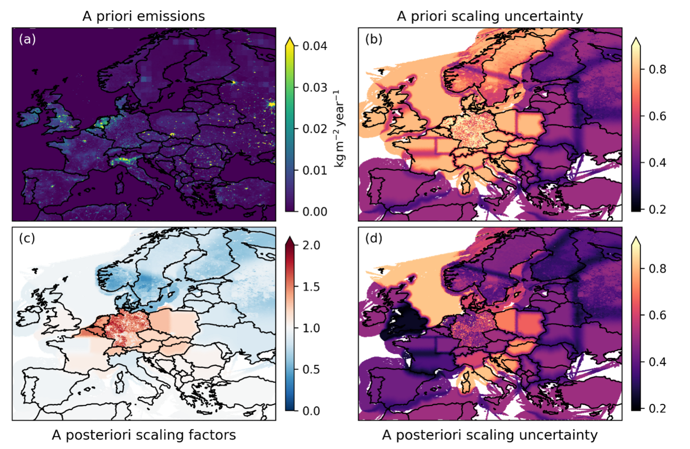 Abbildung: (a) Räumliche Verteilung der a priori Emissionen und (b) deren relative Unsicherheiten sowie (c) Skalierung der Emissionen durch die Emissionsabschätzung und (d) absolute Unsicherheit dieser Skalierung. Quelle: Bruch et al., 2025.