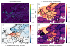 Abbildung: (a) Räumliche Verteilung der a priori Emissionen und (b) deren relative Unsicherheiten sowie (c) Skalierung der Emissionen durch die Emissionsabschätzung und (d) absolute Unsicherheit dieser Skalierung. Quelle: Bruch et al., 2025.