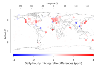 Figure 2: Differences in CO₂ concentration between simulations using daily and hourly net ecosystem exchange (NEE) data, averaged from 2010 to 2020. The site marked with a black circle has a difference of 6.97 ppm, which is not shown in the legend to keep smaller values more visible (Reference: Munassar et al., 2025). Figure 2: Differences in CO₂ concentration between simulations using daily and hourly net ecosystem exchange (NEE) data, averaged from 2010 to 2020. The site marked with a black circle has a difference of 6.97 ppm, which is not shown in the legend to keep smaller values more visible (Reference: Munassar et al., 2025).