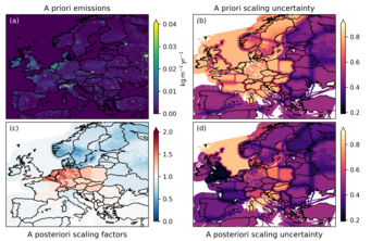 (a) Räumliche Verteilung der a priori Emissionen und (b) deren relative Unsicherheiten sowie (c) Skalierung der Emissionen durch die Emissionsabschätzung und (d) absolute Unsicherheit dieser Skalierung.Quelle: Bruch et al., 2025 (a) Räumliche Verteilung der a priori Emissionen und (b) deren relative Unsicherheiten sowie (c) Skalierung der Emissionen durch die Emissionsabschätzung und (d) absolute Unsicherheit dieser Skalierung.Quelle: Bruch et al., 2025