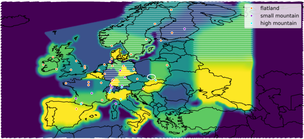 Figure 3: The 46 emission categories colored. The dots mark the sites of the observation stations
