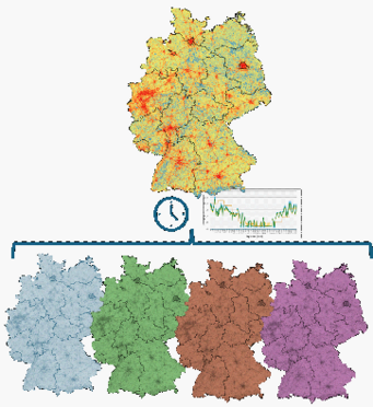 Abbildung 1: Schematische Darstellung der zeitlichen Auflösung räumlicher Emissionsdaten durch zeitliche Verteilparameter. Abbildung 1: Schematische Darstellung der zeitlichen Auflösung räumlicher Emissionsdaten durch zeitliche Verteilparameter.