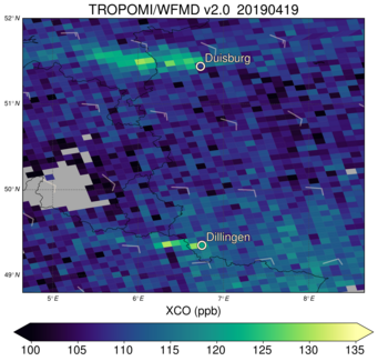 CO-Fahnen aus Deutschlands produktivsten Stahlwerken in Duisburg und Dillingen, erfasst von einem einzelnen Überflug von TROPOMI an Bord des Sentinel-5 Precursor-Satelliten. CO-Fahnen aus Deutschlands produktivsten Stahlwerken in Duisburg und Dillingen, erfasst von einem einzelnen Überflug von TROPOMI an Bord des Sentinel-5 Precursor-Satelliten.