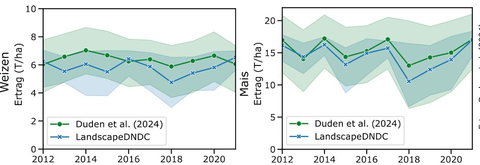 Zwei Liniendiagramme im Vergleich zwischen Beobachtungsdaten (Duden et al. 2024, grüne Punkte) und Simulationsdaten (LandscapeDNDC, blaue Kreuze) von 2012 bis 2021 mit schattierten Unsicherheitsbereichen.
Links: Weizenertrag in Tonnen pro Hektar (0–10 T/ha). Beide Kurven verlaufen ähnlich zwischen 5 und 7 T/ha, mit einem Tiefpunkt im Jahr 2018.
Rechts: Maisertrag in Tonnen pro Hektar (0–20 T/ha). Beide Kurven schwanken parallel zwischen ca. 11 und 17 T/ha, ebenfalls mit einem deutlichen Einbruch im Dürrejahr 2018.